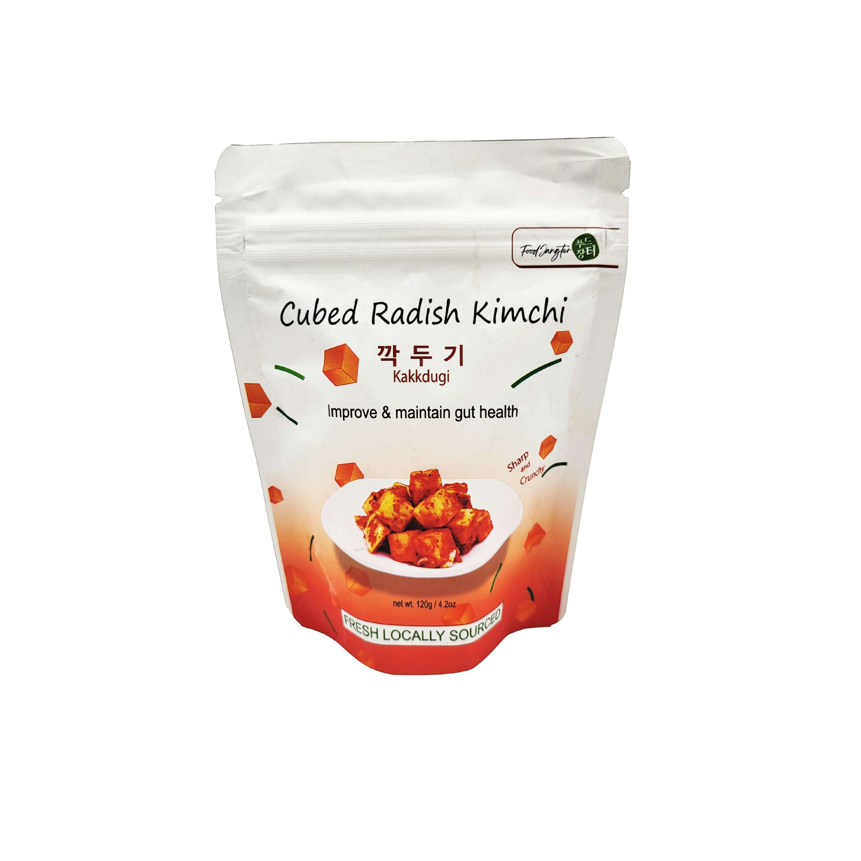 Cubed radish kimchi single serve pack with traditional Korean design