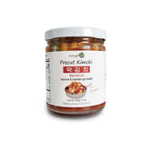 Precut Mak Kimchi in a jar, Korean fermented napa cabbage with chili seasoning, front label shown