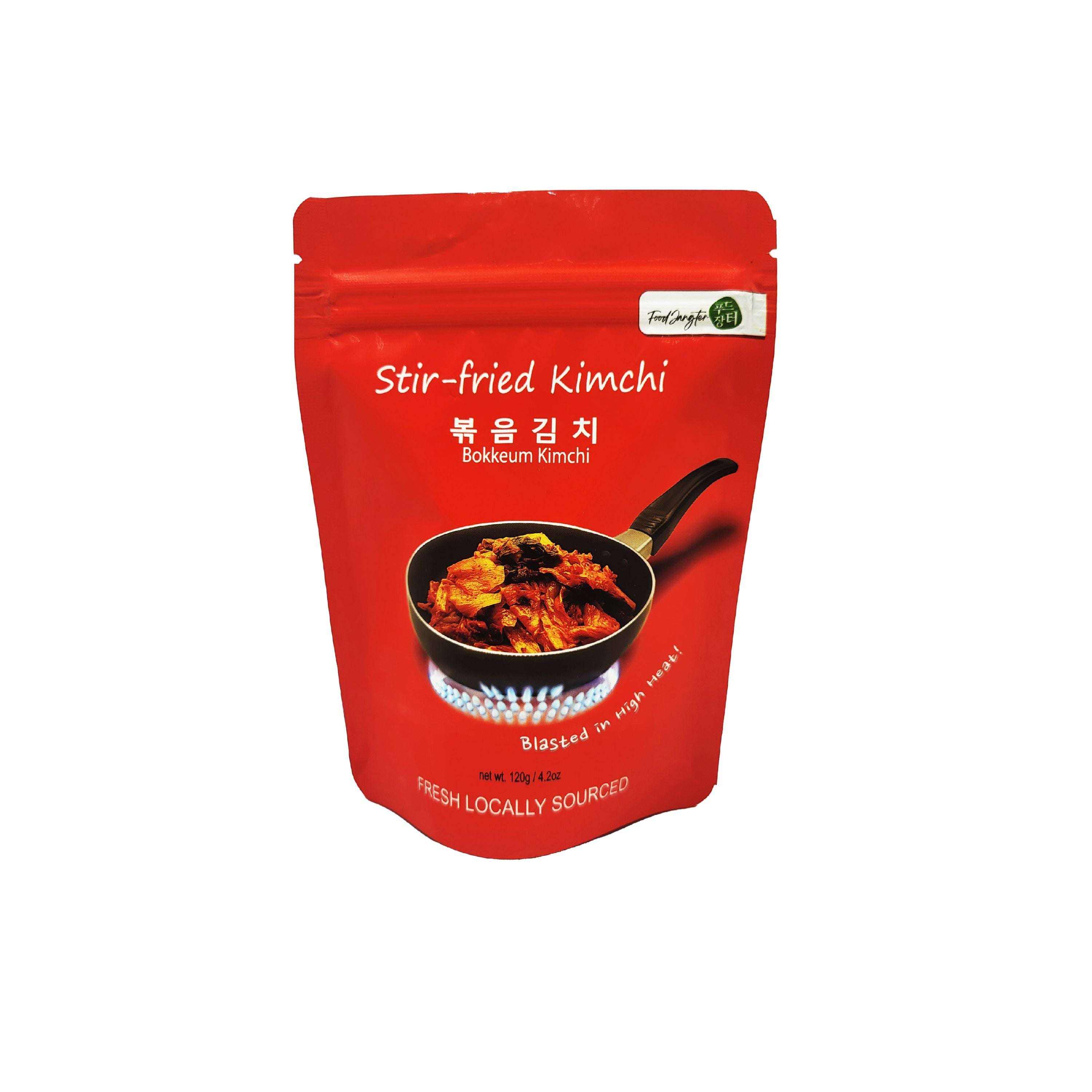 Stir-fried kimchi in a red single serve pack with spicy and savory look
