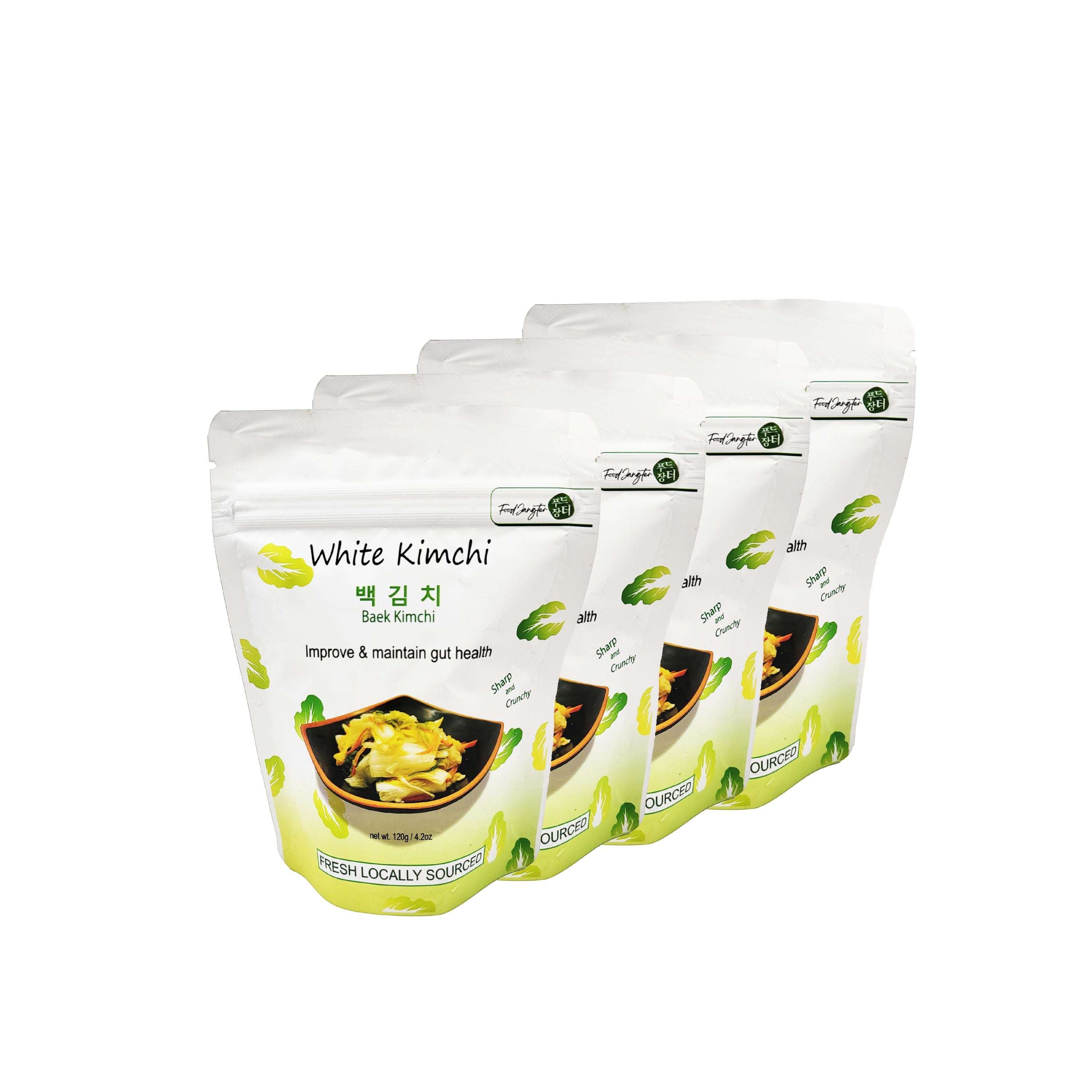 White kimchi single-serve 4-pack pouches on white background