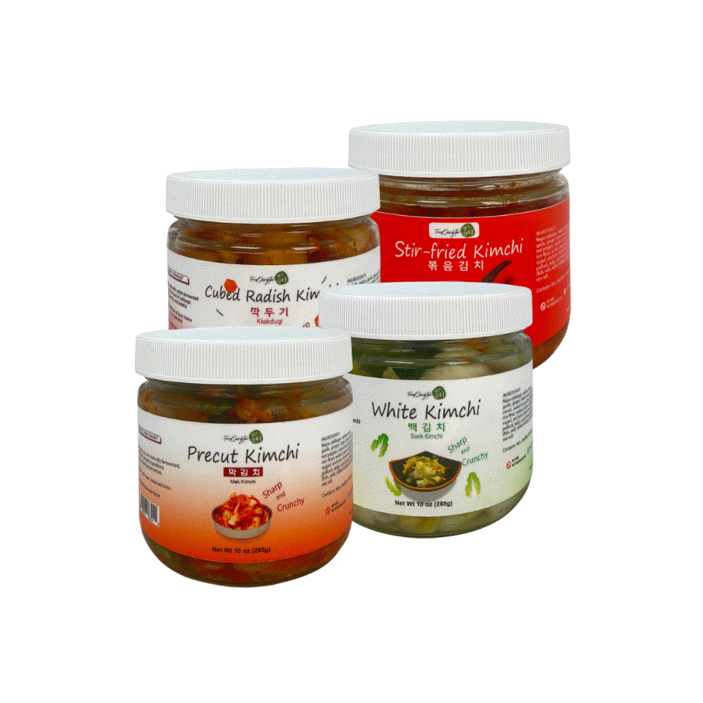 Korean kimchi variety set with 4 glass jars