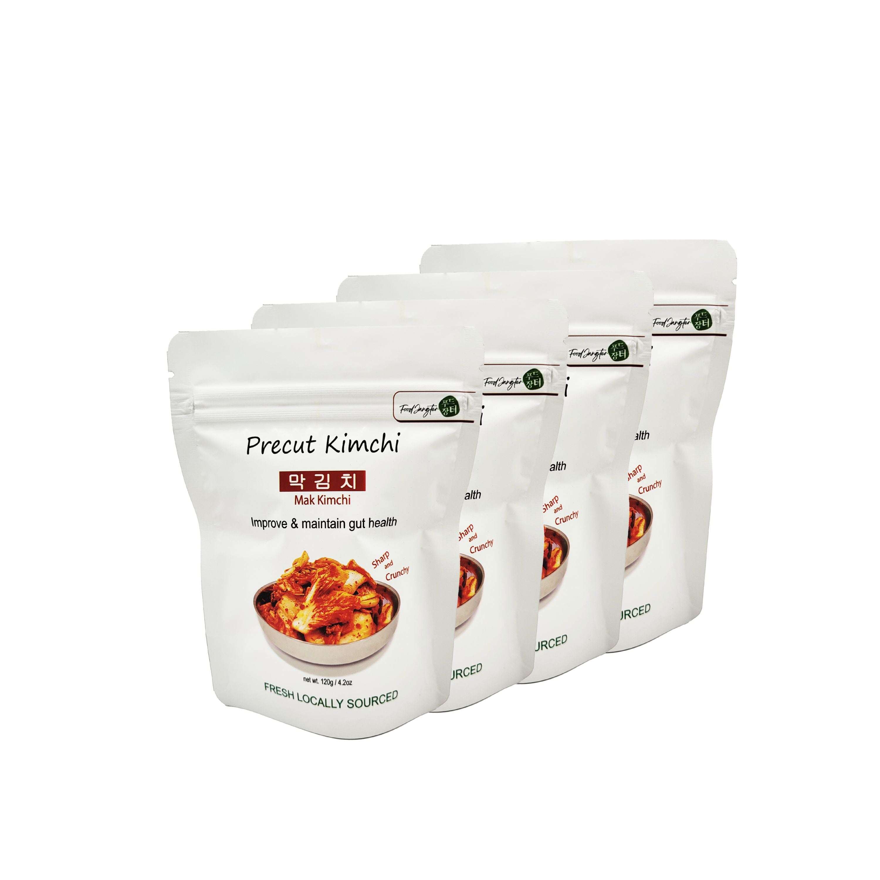 Precut Kimchi 4-pack with four  single-serve pouches on white background