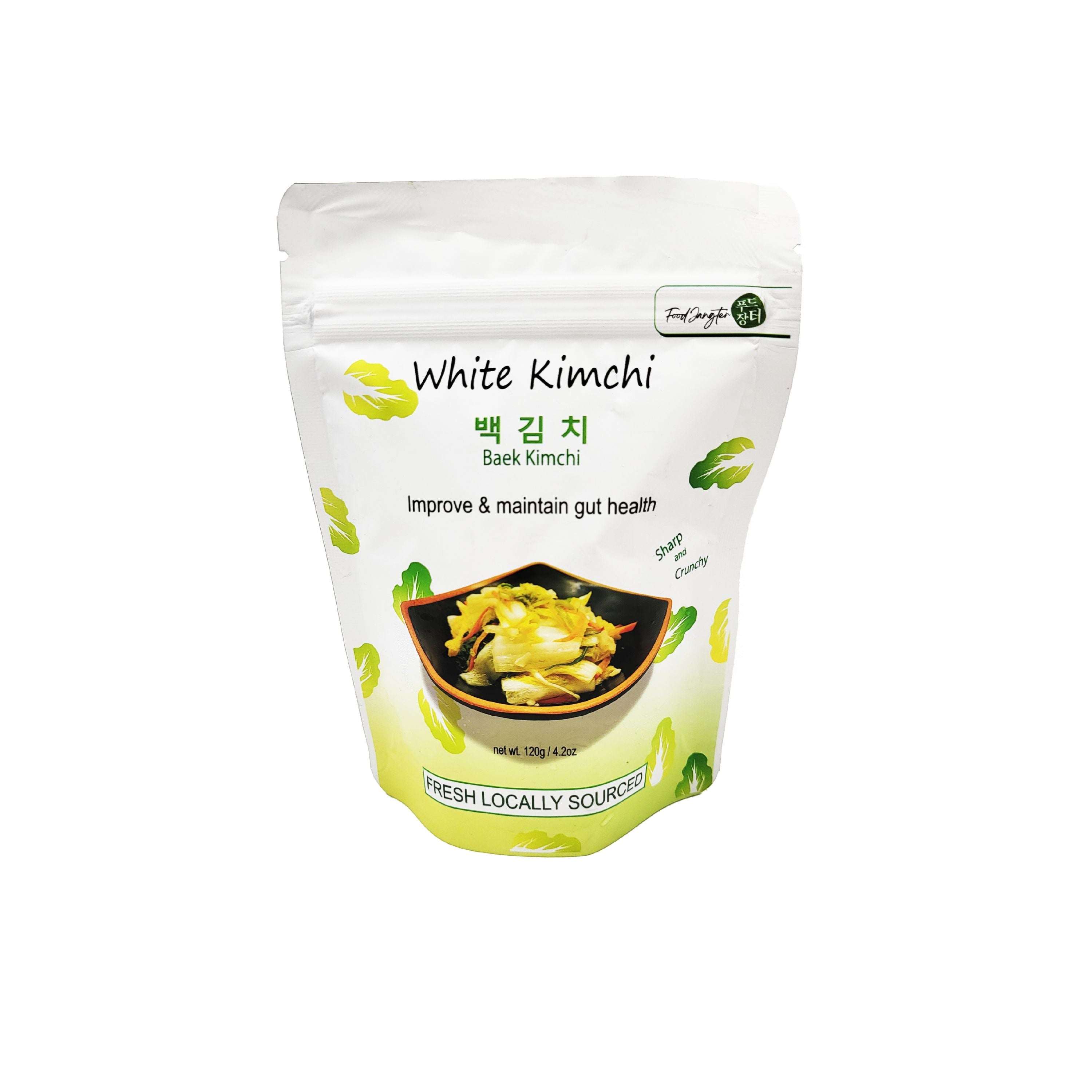 White (Baek) Kimchi single serve pack with mild flavor, clean white packaging, and front label displayed